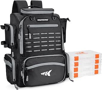 KastKing Bait Boss Fishing Tackle Backpack with Rod Holders-4 Tackle Boxes-Rain Cover,43L Large Storage for Fishing Gear